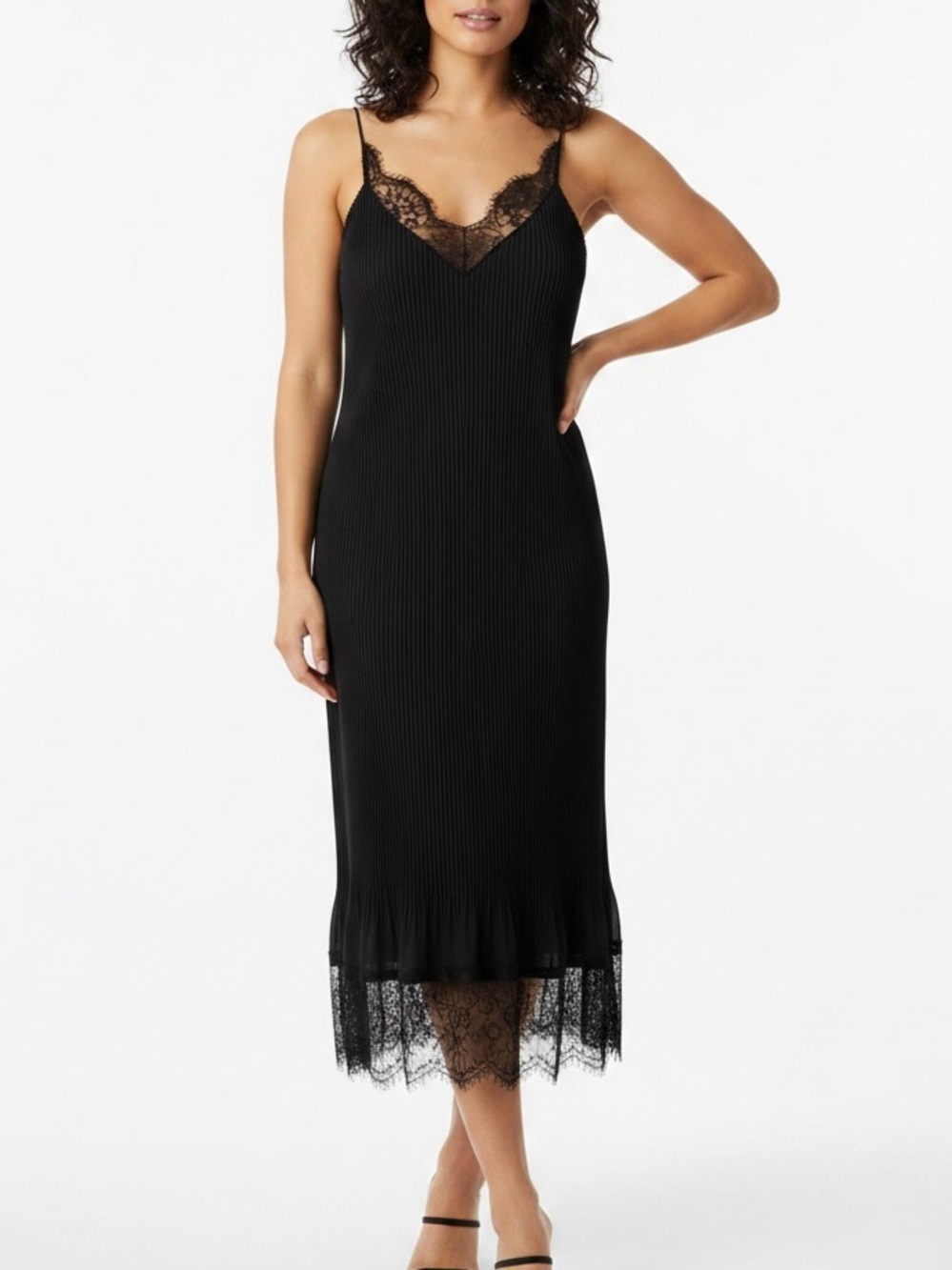 Delfi Collective Claire Pleated Lace Trim Slip Midi Dress Black Womens Size S